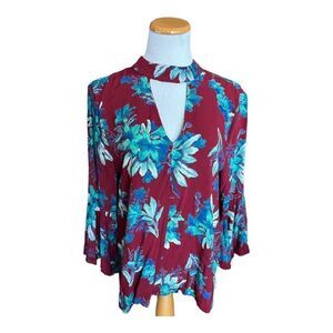 Womens Entro High Neckline Choker Floral Cutout Bell Sleeve Boho Top - Sz L